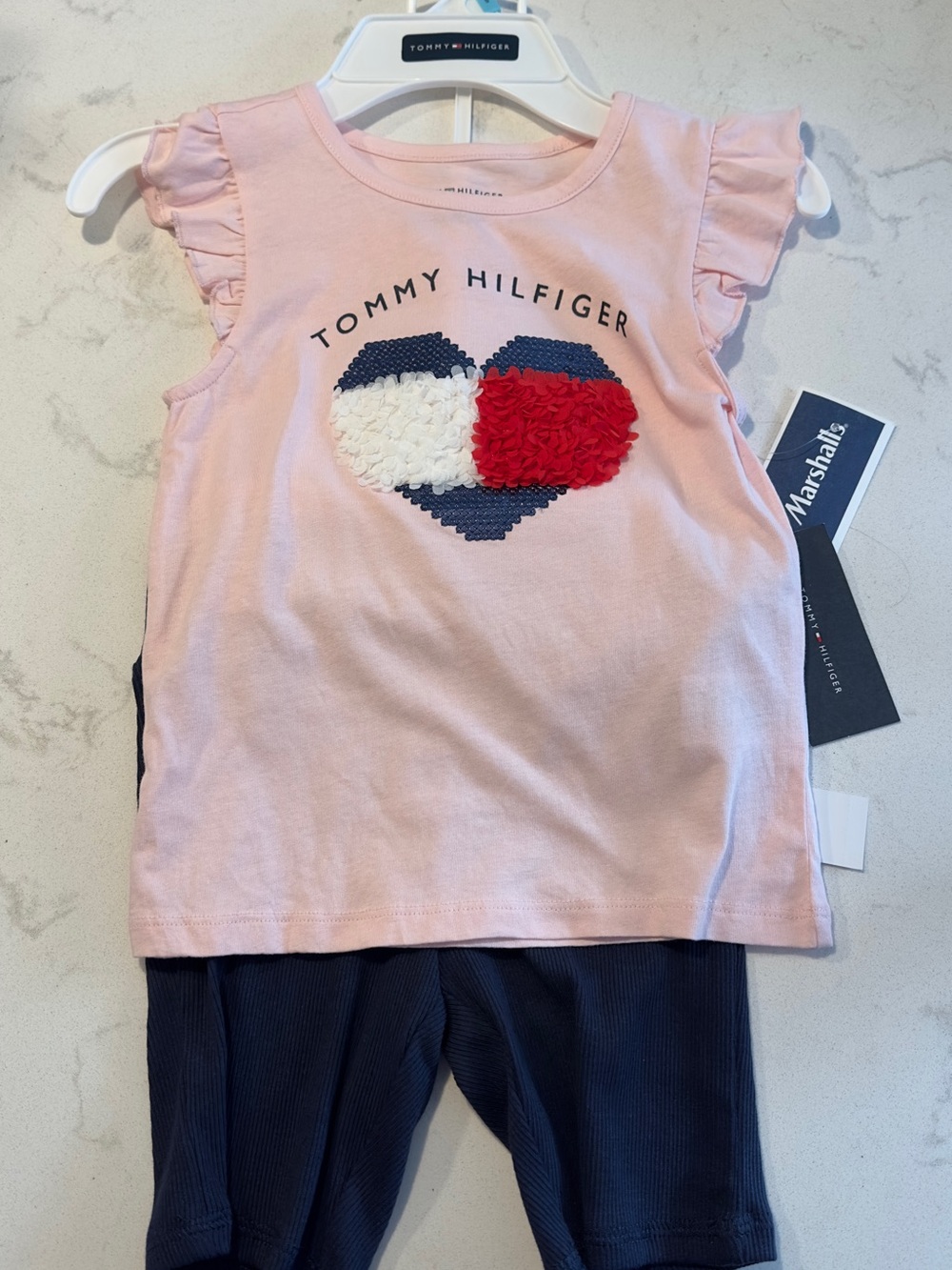 Tommy Hilfiger Pink Ruffle Sleeve Heart Tank with Tricolor Puff Heart